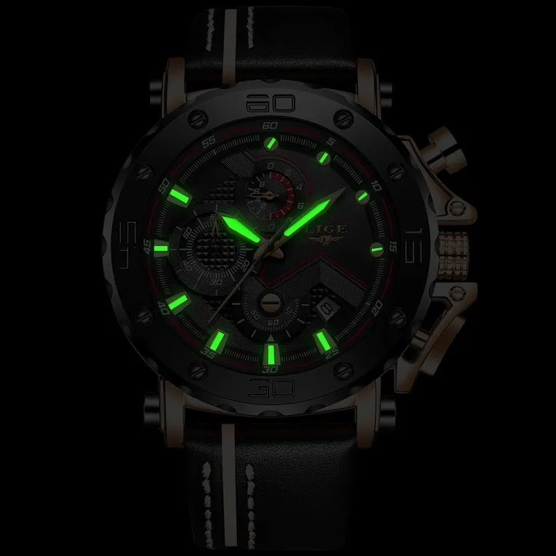 2019LIGE New Fashion Mens Watches Top Brand Luxury Big Dial Military Quartz Watch Leather Waterproof Sport Chronograph Watch Men