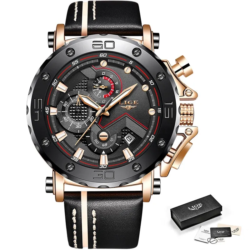2019LIGE New Fashion Mens Watches Top Brand Luxury Big Dial Military Quartz Watch Leather Waterproof Sport Chronograph Watch Men