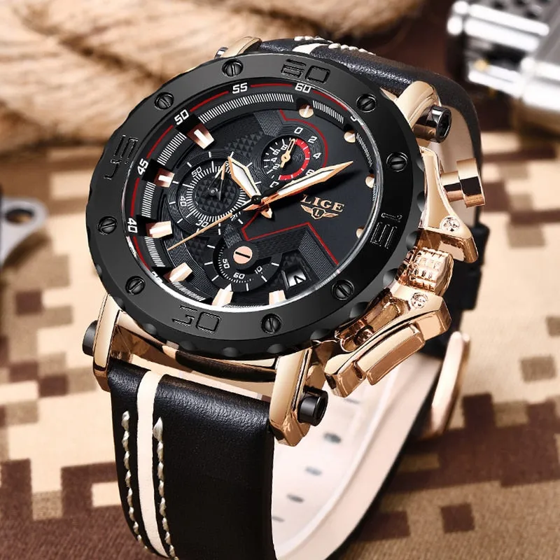 2019LIGE New Fashion Mens Watches Top Brand Luxury Big Dial Military Quartz Watch Leather Waterproof Sport Chronograph Watch Men