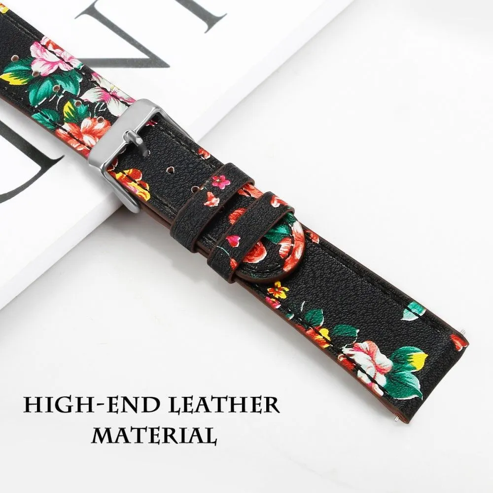 20mm Universal cowhide genuine leather watch strap - Black / Red Flower