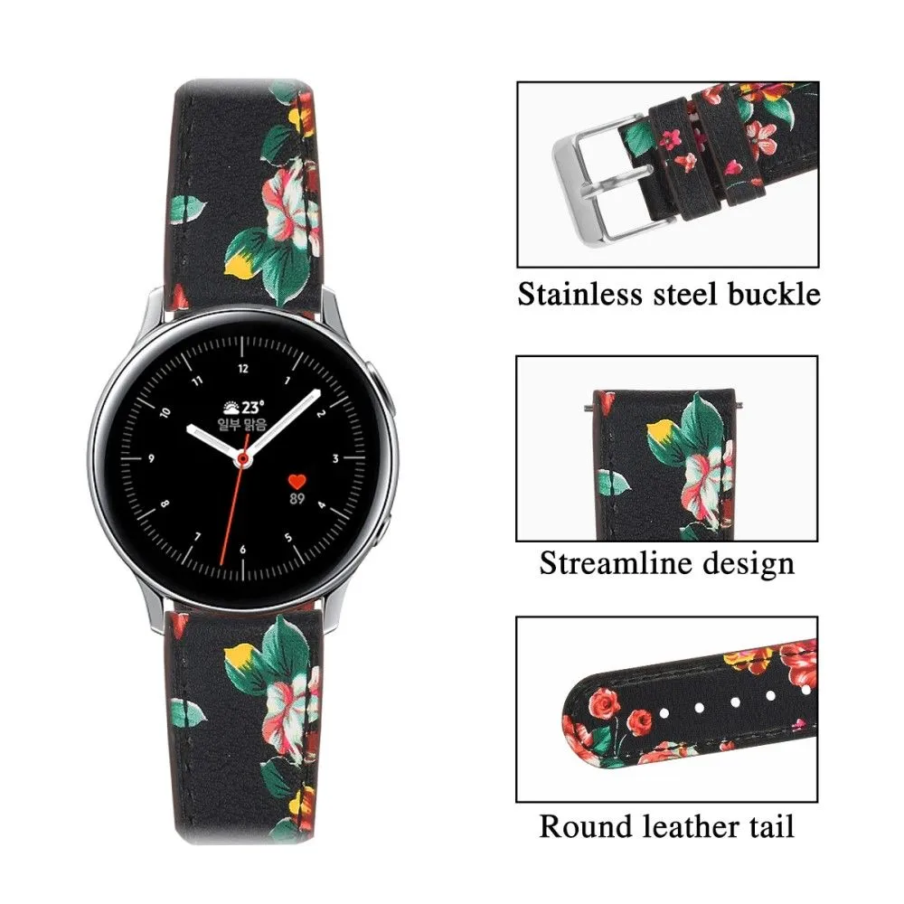20mm Universal cowhide genuine leather watch strap - Black / Red Flower