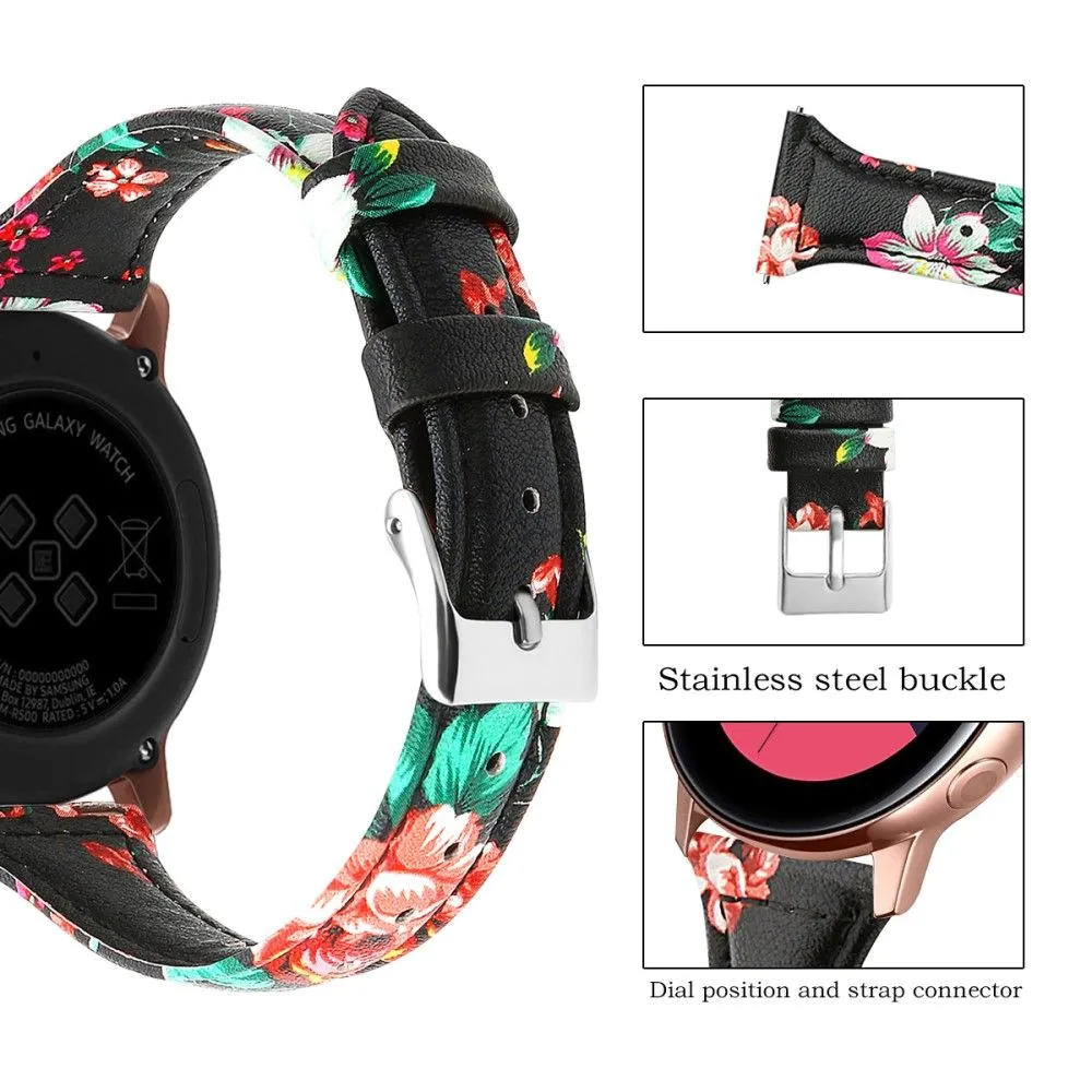 22mm Universal patterned genuine leather watch strap with - Black / Red Flower