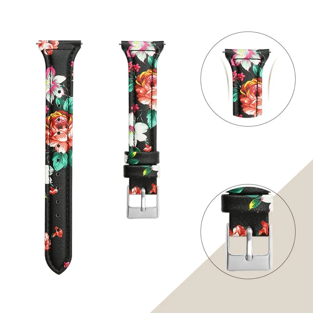 22mm Universal patterned genuine leather watch strap with - Black / Red Flower