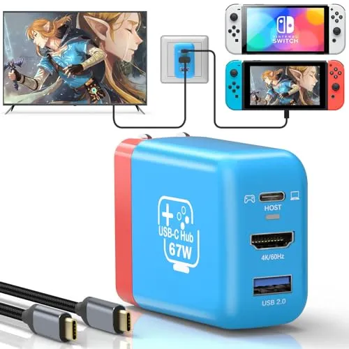 67W USB C Charger Dock for Nintendo Switch/OLED, Portable Travel TV Docking Station with 4K HDMI/USB2.0/PD Charging Port, Fast Charging Adapter with USB-C Cable for Laptop, Mobile Phone, Steam Deck