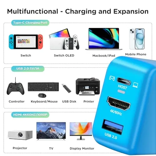 67W USB C Charger Dock for Nintendo Switch/OLED, Portable Travel TV Docking Station with 4K HDMI/USB2.0/PD Charging Port, Fast Charging Adapter with USB-C Cable for Laptop, Mobile Phone, Steam Deck