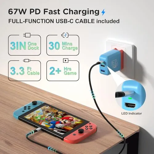 67W USB C Charger Dock for Nintendo Switch/OLED, Portable Travel TV Docking Station with 4K HDMI/USB2.0/PD Charging Port, Fast Charging Adapter with USB-C Cable for Laptop, Mobile Phone, Steam Deck