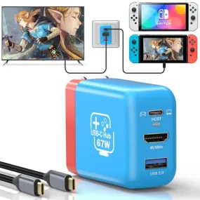 67W USB C Charger Dock for Nintendo Switch/OLED, Portable Travel TV Docking Station with 4K HDMI/USB2.0/PD Charging Port, Fast Charging Adapter with USB-C Cable for Laptop, Mobile Phone, Steam Deck