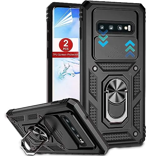 AKINIK for Samsung Galaxy S10 Case (Not Fit S10 5G) with Slide Camera Cover and TPU Screen Protector [2 Pack], 360° Rotation Ring Kickstand [Military Grade] Case for Galaxy S10 (Blue)