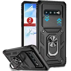 AKINIK for Samsung Galaxy S10 Case (Not Fit S10 5G) with Slide Camera Cover and TPU Screen Protector [2 Pack], 360° Rotation Ring Kickstand [Military Grade] Case for Galaxy S10 (Blue)