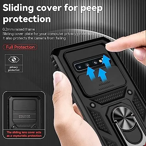 AKINIK for Samsung Galaxy S10 Case (Not Fit S10 5G) with Slide Camera Cover and TPU Screen Protector [2 Pack], 360° Rotation Ring Kickstand [Military Grade] Case for Galaxy S10 (Blue)