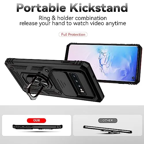 AKINIK for Samsung Galaxy S10 Case (Not Fit S10 5G) with Slide Camera Cover and TPU Screen Protector [2 Pack], 360° Rotation Ring Kickstand [Military Grade] Case for Galaxy S10 (Blue)