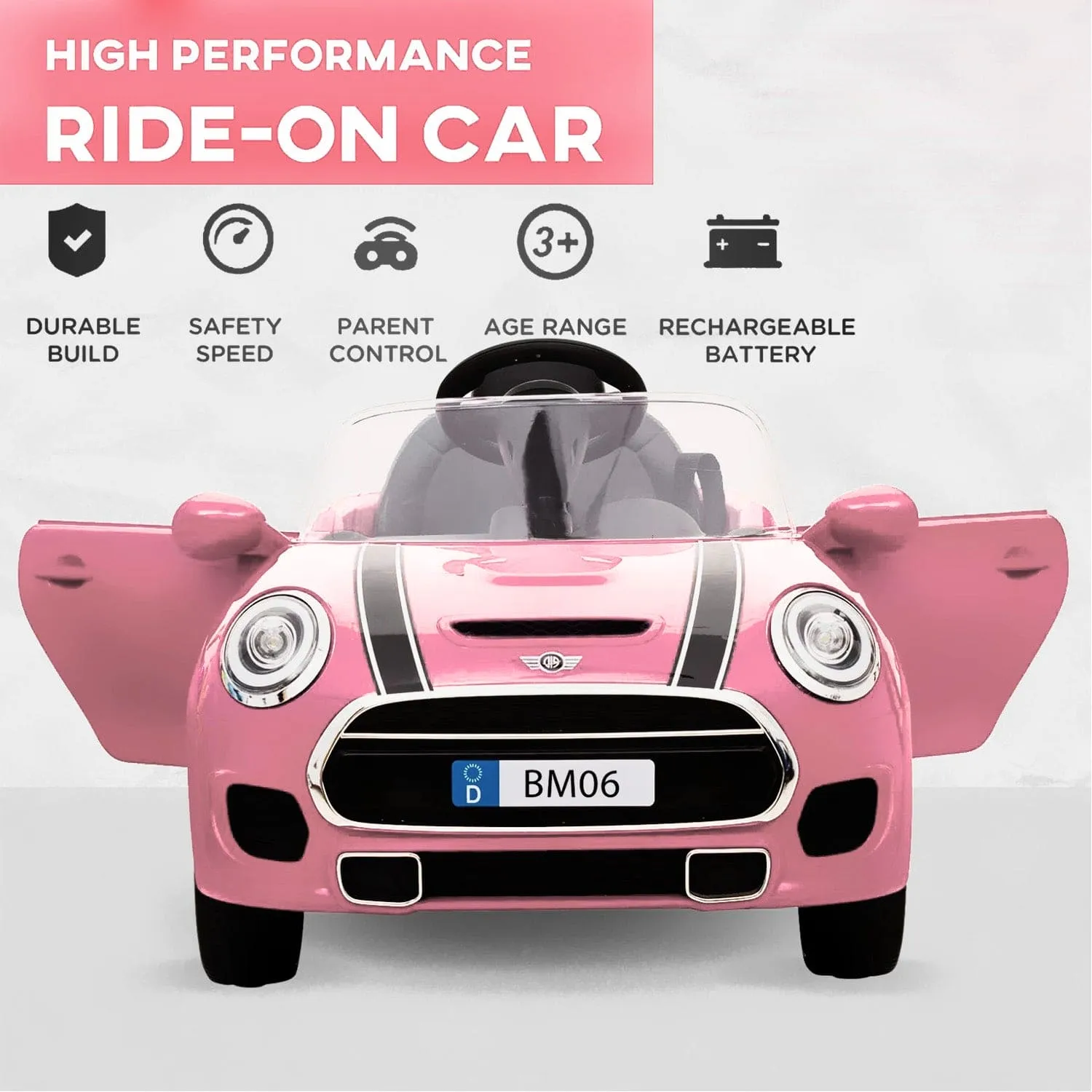 Baby Moo Mini Cooper Electric Ride-On Car for Kids | Rechargeable 12V Battery | Remote Control | USB MP3 Player | Ages 1-5 - Pink