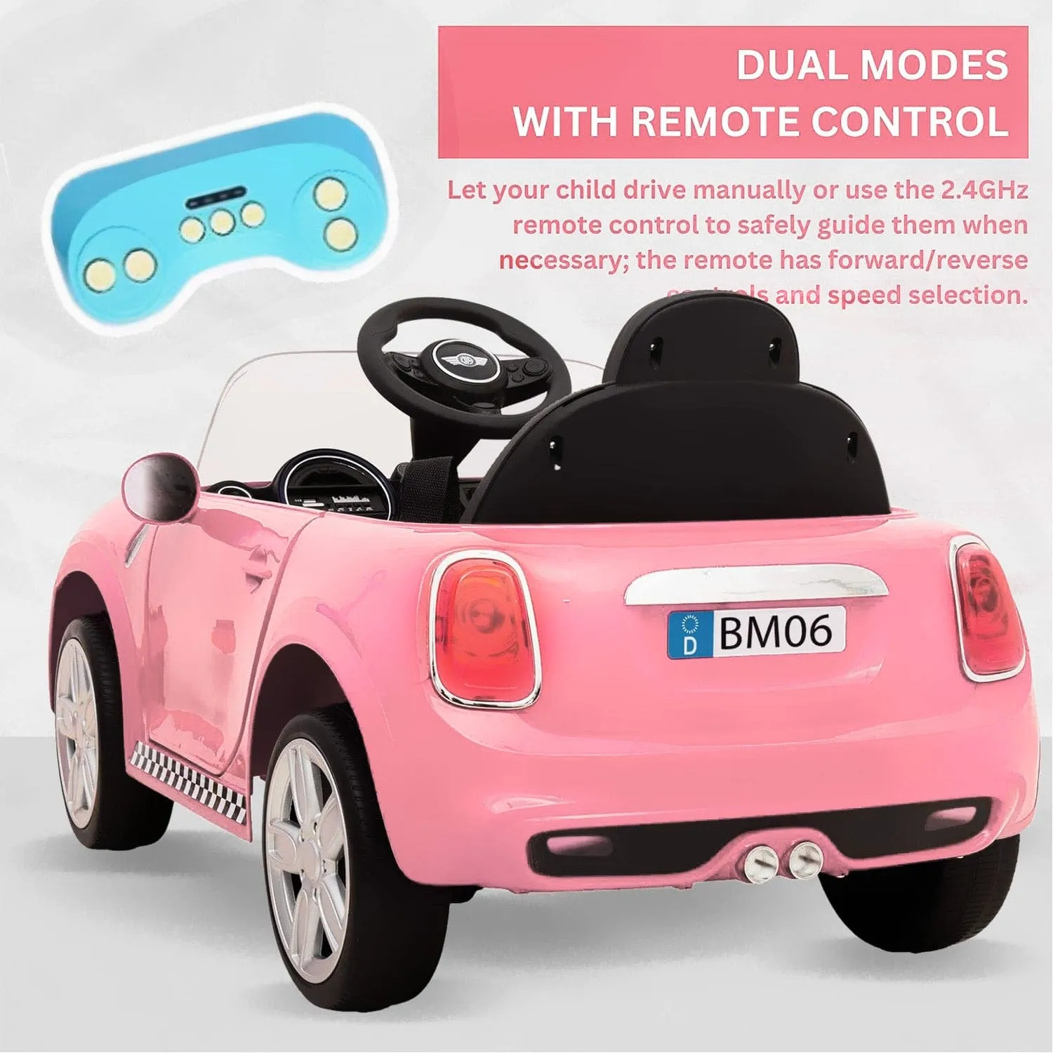 Baby Moo Mini Cooper Electric Ride-On Car for Kids | Rechargeable 12V Battery | Remote Control | USB MP3 Player | Ages 1-5 - Pink