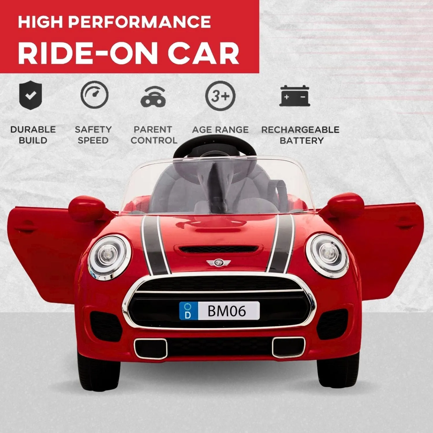 Baby Moo Mini Cooper Electric Ride-On Car for Kids | Rechargeable 12V Battery | Remote Control | USB MP3 Player | Ages 1-5 - Red