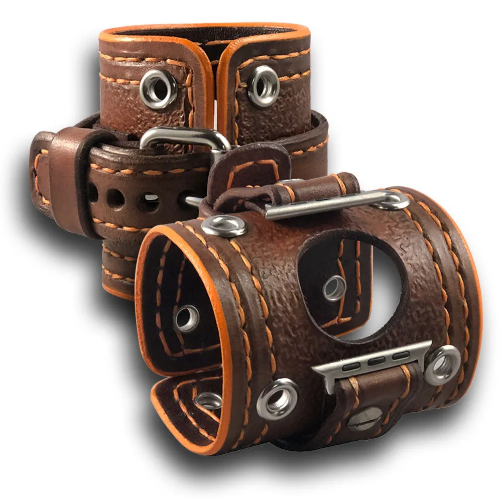 Brown and Orange Apple iWatch Leather Cuff Band with Eyelets