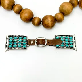 Brown Smart Watch Band with Rope Detailing Square Pendant and Turquoise Stones