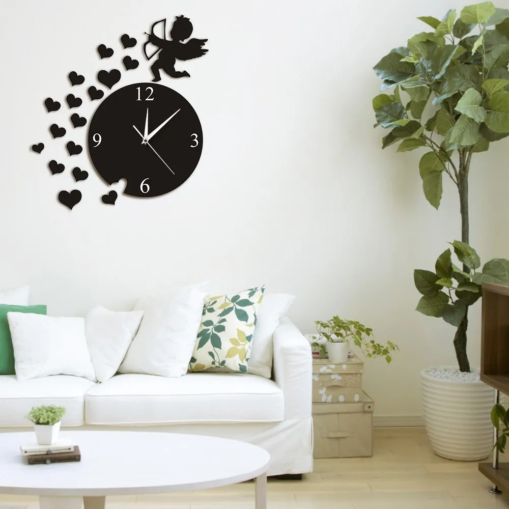 Cupid Arrow Hearts Cherub Angel Wall Art Home Decor Modern Wall Clock Flying Cupid Love Angel Decorative Wall Watch Clock Gift