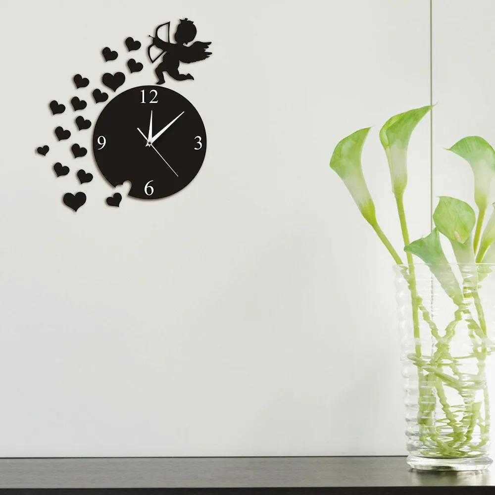 Cupid Arrow Hearts Cherub Angel Wall Art Home Decor Modern Wall Clock Flying Cupid Love Angel Decorative Wall Watch Clock Gift