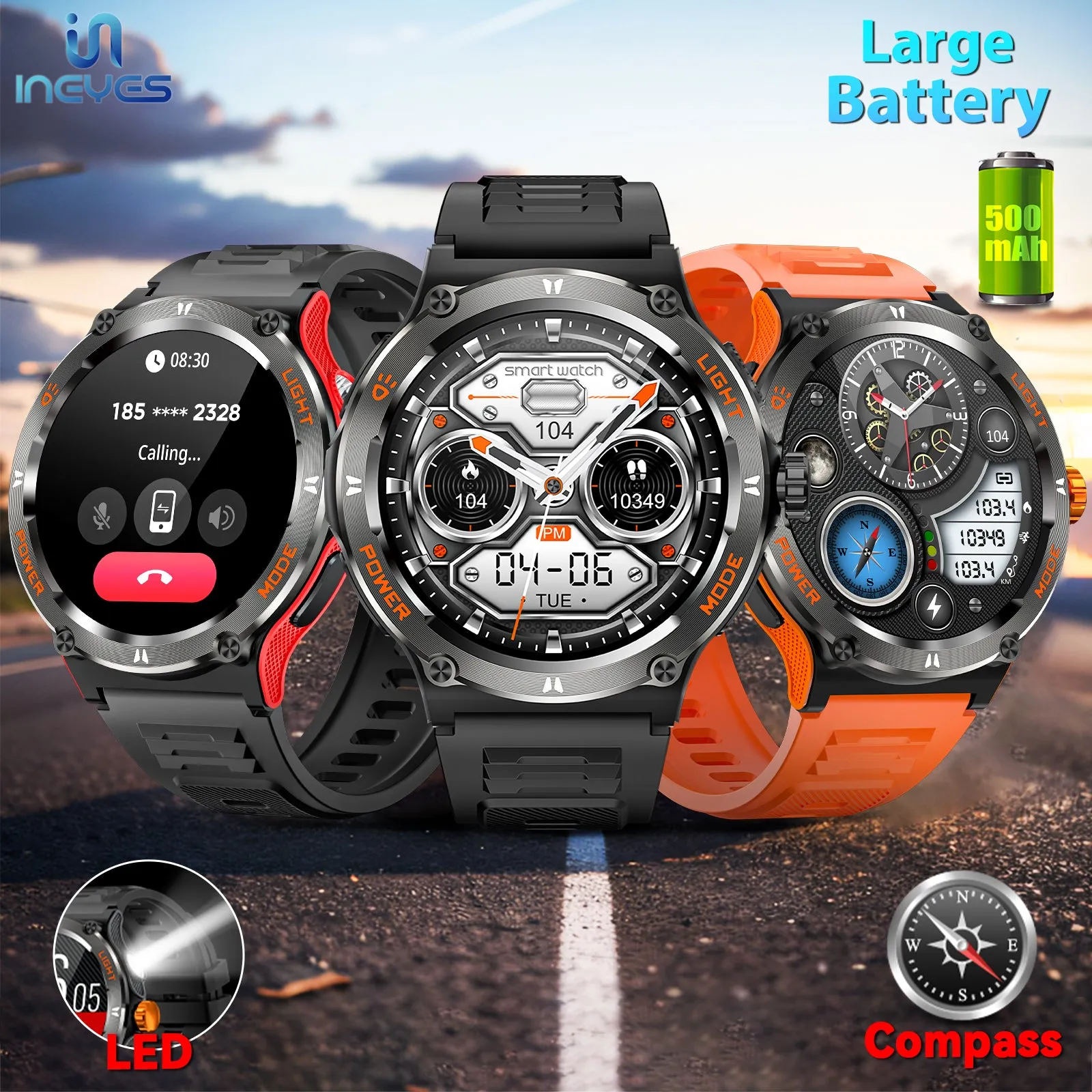 EIGIIS Smart Watches for Men 1.53" HD Screen with LED Flashlight, Outdoor  Smartwatch with Compass 3ATM Waterproof 500mAh Battery Capacity Wireless Call, Massive Dials, Fitness Tracker with Heart Rate Sleep Monitor for iOS & Android