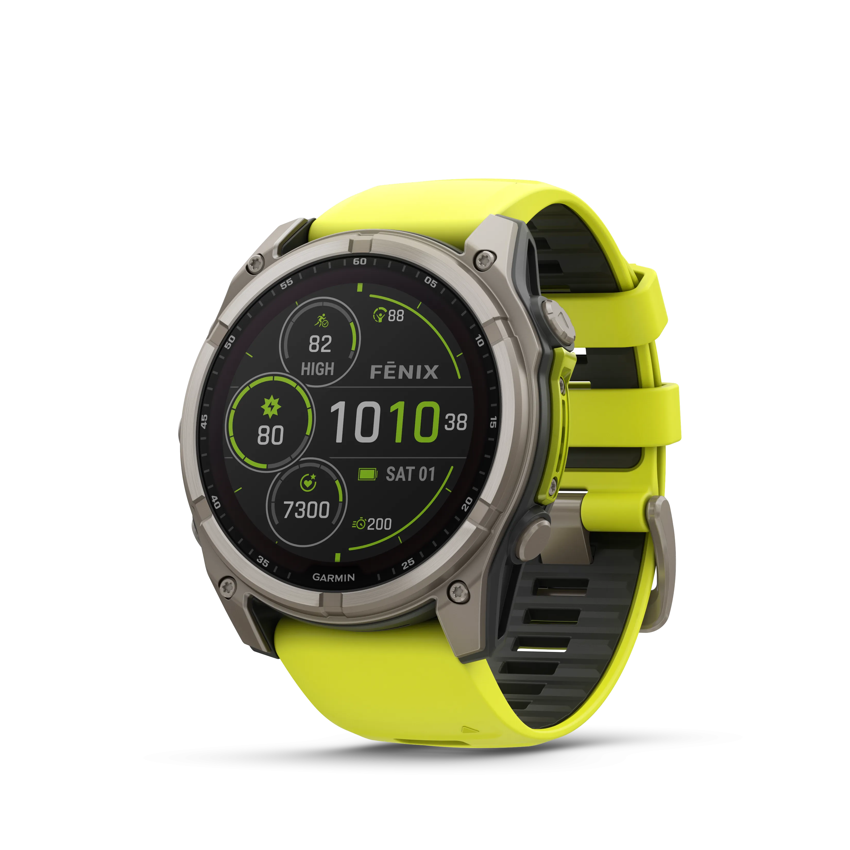 Fenix 8 GPS Smartwatch, 51mm - Solar, Sapphire, Titanium with Amp Yellow/Graphite Silicone Band - 010-02907-21