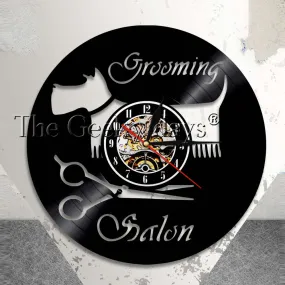 Groomer Scissor Home Decor Wall Clock Pet Grooming Vinyl Record Clock Wall Watch Puppy Shop Salon Wall Sign Vintage Art Clock