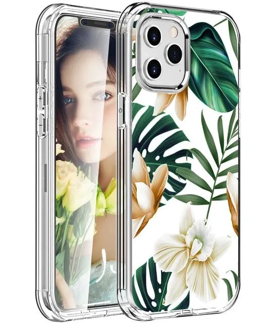 Hybrid Hard   TPU Dual Layer Case for iPhone 12 Pro Max Shockproof 2 in 1 for 360 Full Protection Shockproof Printed Flower Clear Cover