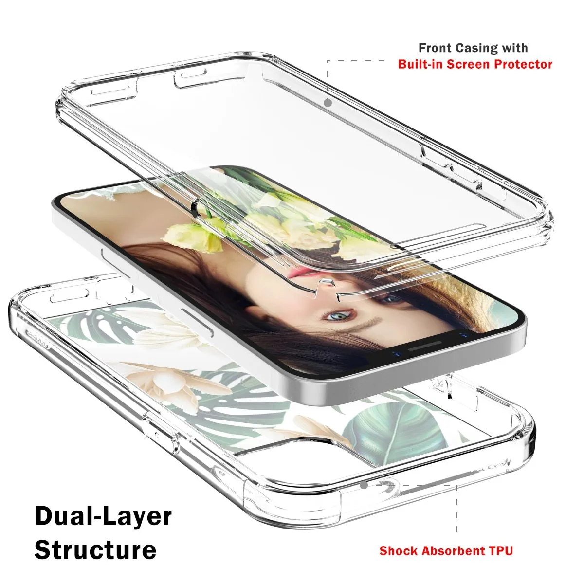 Hybrid Hard   TPU Dual Layer Case for iPhone 12 Pro Max Shockproof 2 in 1 for 360 Full Protection Shockproof Printed Flower Clear Cover