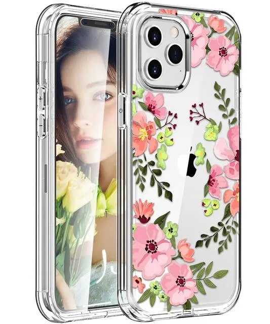 Hybrid Hard   TPU Dual Layer Case for iPhone 12 Pro Max Shockproof 2 in 1 for 360 Full Protection Shockproof Printed Flower Clear Cover