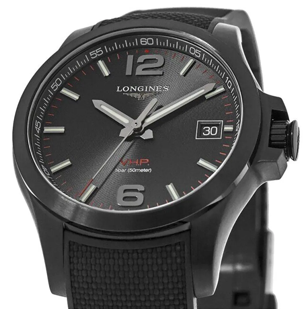 Longines Conquest V.H.P. Black PVD Black Dial Black Rubber Strap Perpetual Calendar Date Quartz Mens Watch L3.716.2.56.9