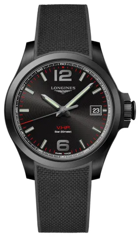 Longines Conquest V.H.P. Black PVD Black Dial Black Rubber Strap Perpetual Calendar Date Quartz Mens Watch L3.716.2.56.9