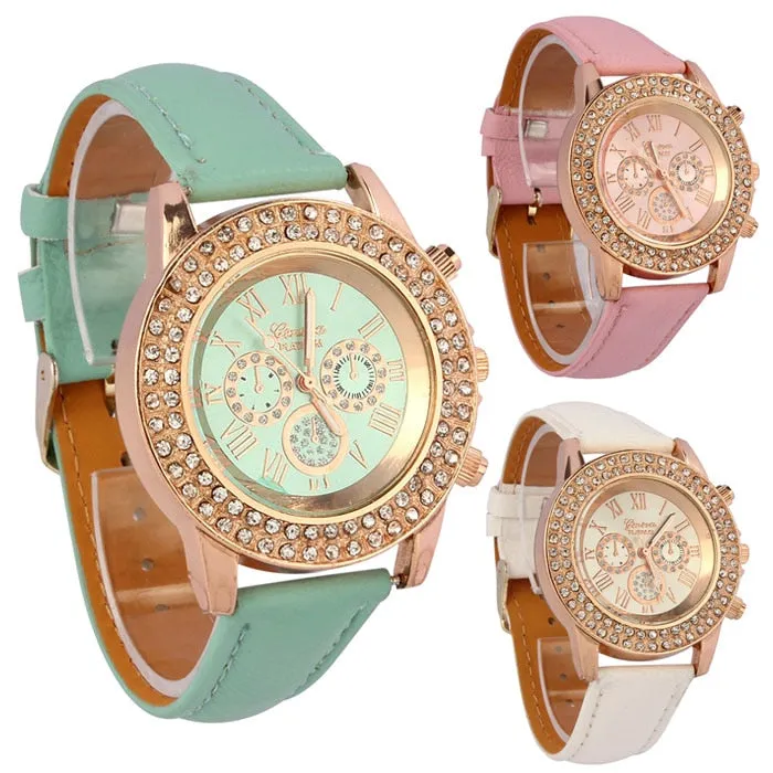 Luca's Al -Vogue Fashion Citizen watch Waterproof High Women Ladies Crystal Dial Quartz Analog Leather Witcher Bracelet Wrist Watch