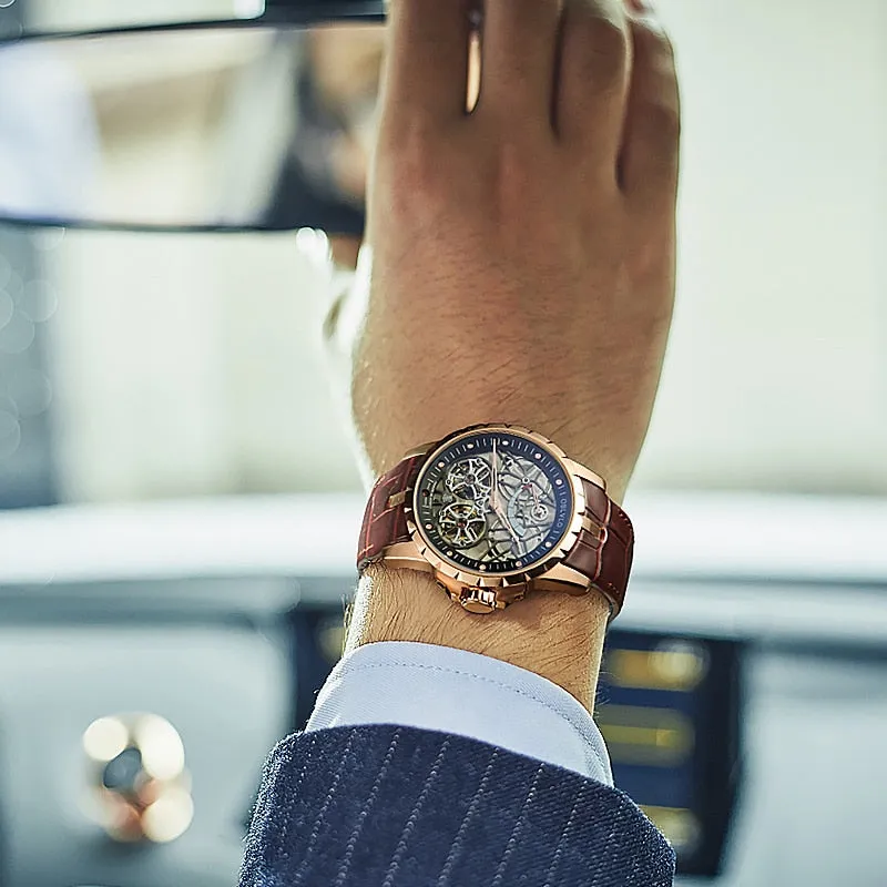 OBLVLO Luxury Transparent Hollow Men Skeleton Automatic Watches Sport Mechanical Double Flywheel Calfskin Leather Sapphire RM-E