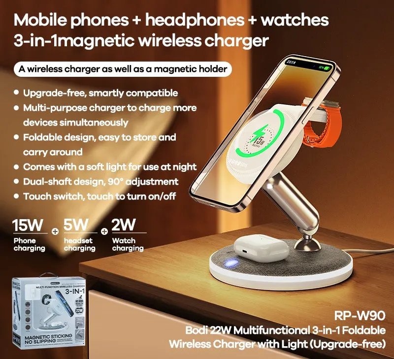 REMAX 3-in-1 Multi-Function Wireless Charger | Magnetic Sticking No-Slipping | 22W | mobile phones   Headphones   Watches