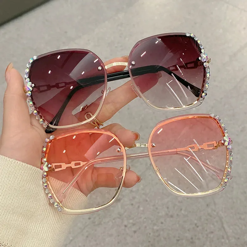 Rhinestone Decor Rimless Fashion Sunglasses For Women Men Casual Gradient Glasses For Summer Beach Party, UV400
