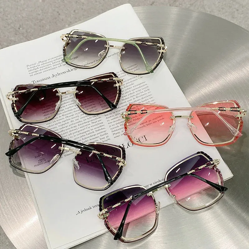 Rhinestone Decor Rimless Fashion Sunglasses For Women Men Casual Gradient Glasses For Summer Beach Party, UV400