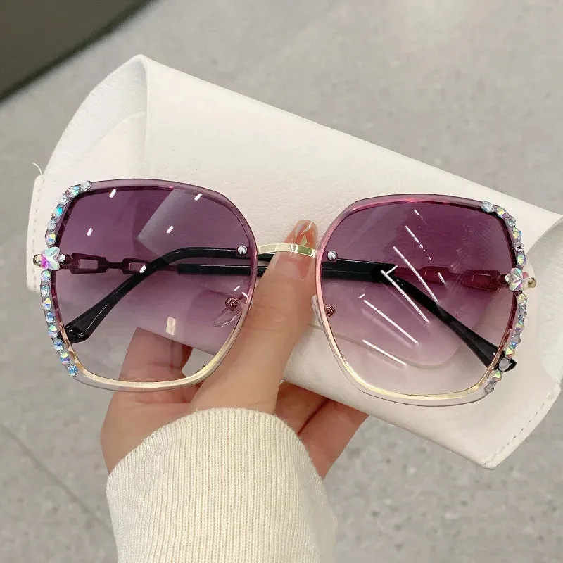 Rhinestone Decor Rimless Fashion Sunglasses For Women Men Casual Gradient Glasses For Summer Beach Party, UV400