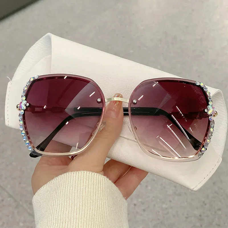 Rhinestone Decor Rimless Fashion Sunglasses For Women Men Casual Gradient Glasses For Summer Beach Party, UV400