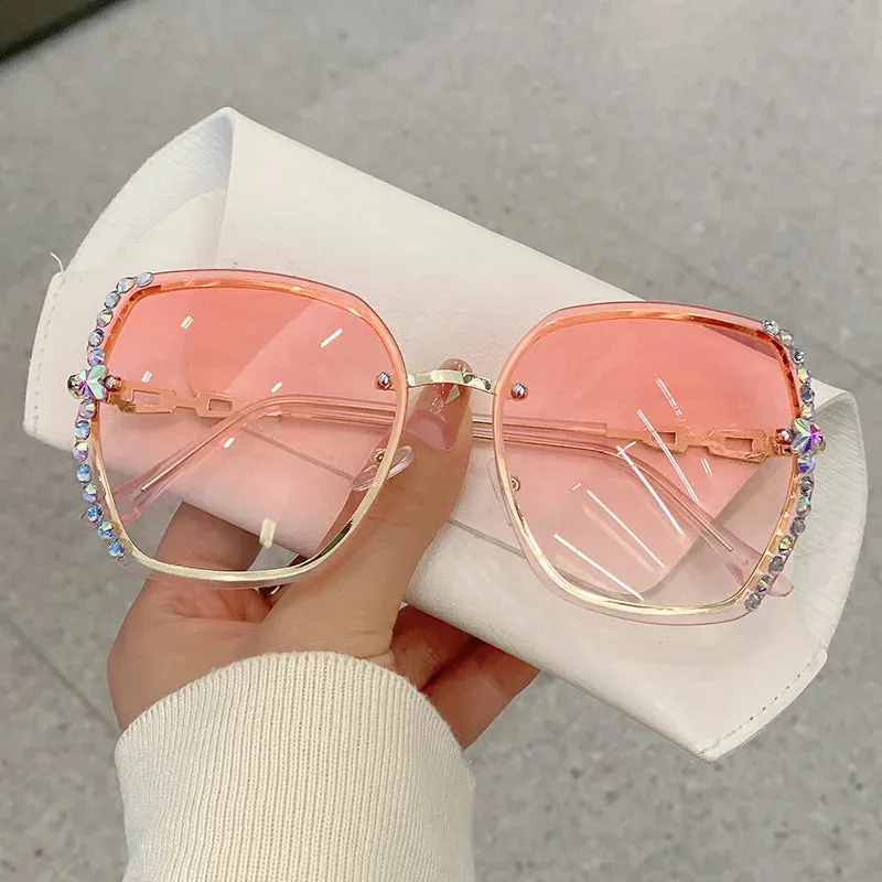 Rhinestone Decor Rimless Fashion Sunglasses For Women Men Casual Gradient Glasses For Summer Beach Party, UV400