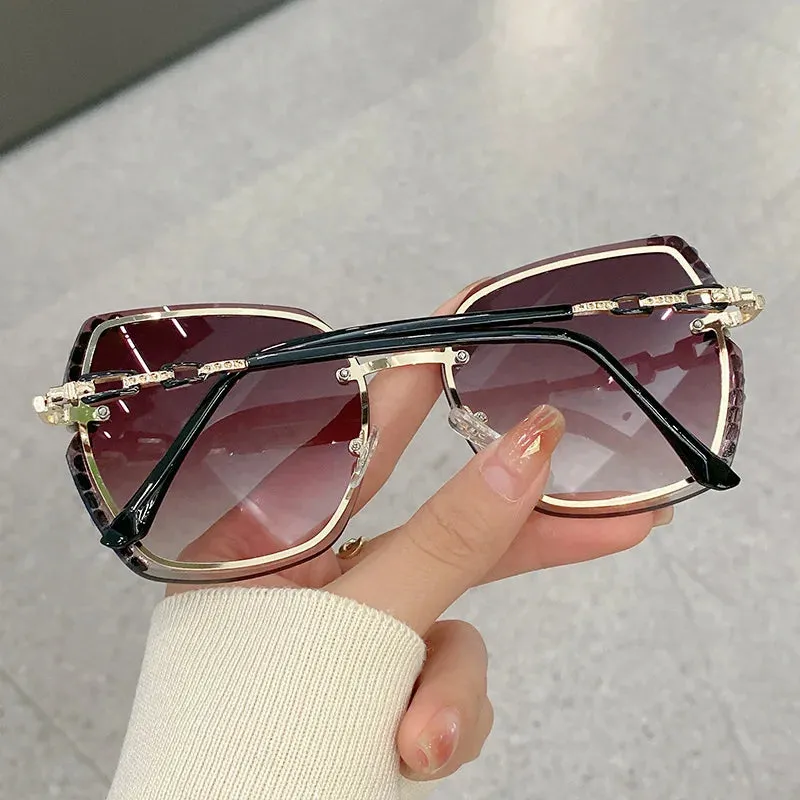 Rhinestone Decor Rimless Fashion Sunglasses For Women Men Casual Gradient Glasses For Summer Beach Party, UV400