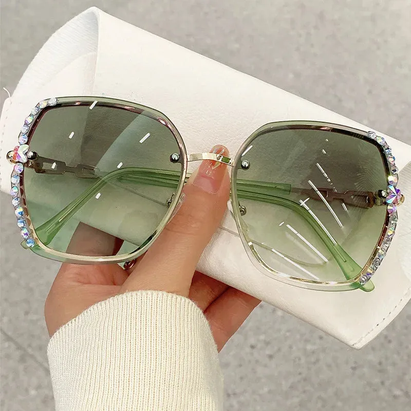 Rhinestone Decor Rimless Fashion Sunglasses For Women Men Casual Gradient Glasses For Summer Beach Party, UV400