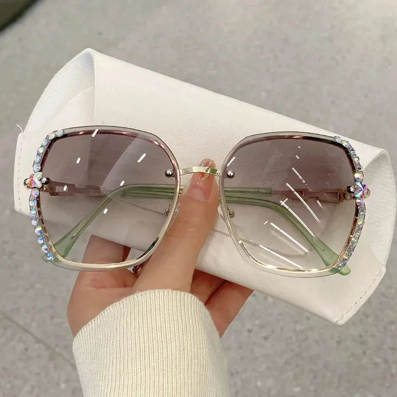 Rhinestone Decor Rimless Fashion Sunglasses For Women Men Casual Gradient Glasses For Summer Beach Party, UV400