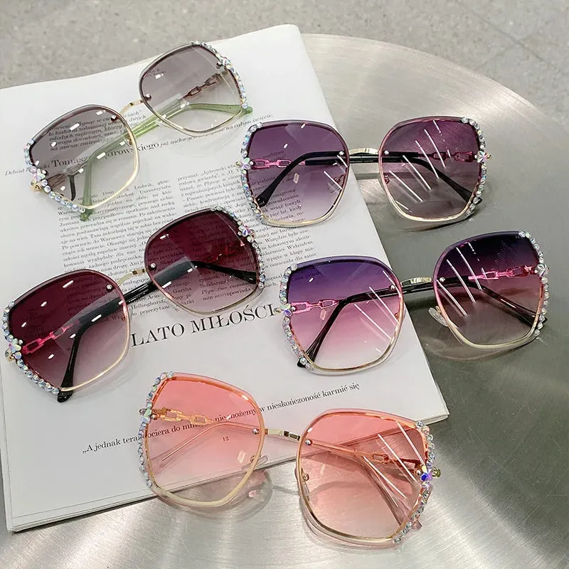 Rhinestone Decor Rimless Fashion Sunglasses For Women Men Casual Gradient Glasses For Summer Beach Party, UV400