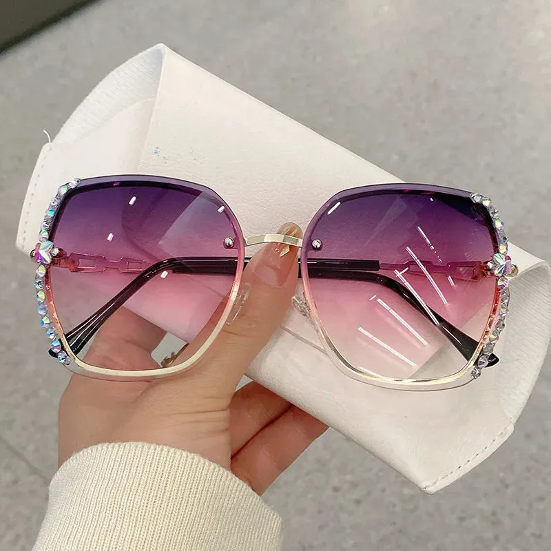 Rhinestone Decor Rimless Fashion Sunglasses For Women Men Casual Gradient Glasses For Summer Beach Party, UV400