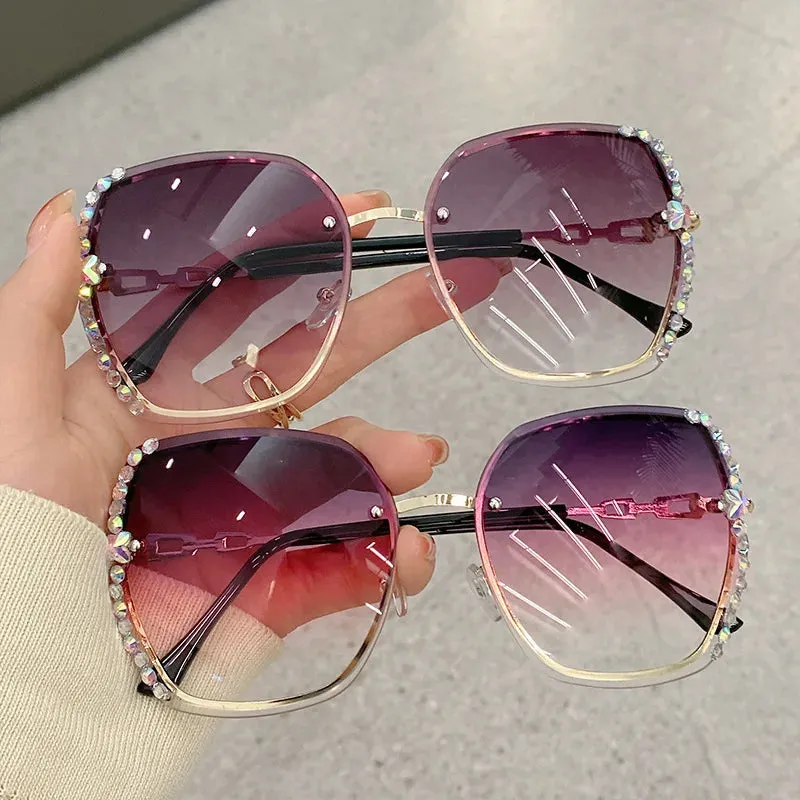 Rhinestone Decor Rimless Fashion Sunglasses For Women Men Casual Gradient Glasses For Summer Beach Party, UV400