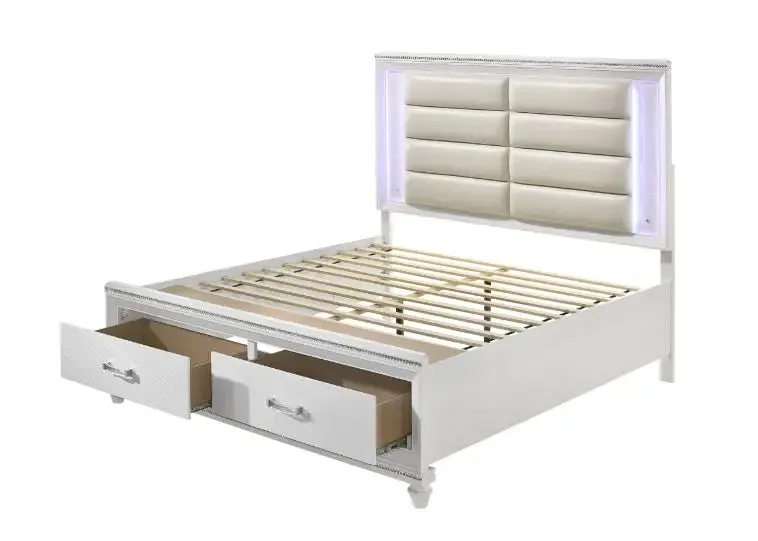 Ricardo Queen Bed w/Front Drawer, LED, Pearl White Faux Leather & White Finish