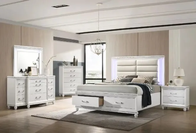 Ricardo Queen Bed w/Front Drawer, LED, Pearl White Faux Leather & White Finish