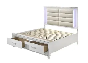 Ricardo Queen Bed w/Front Drawer, LED, Pearl White Faux Leather & White Finish