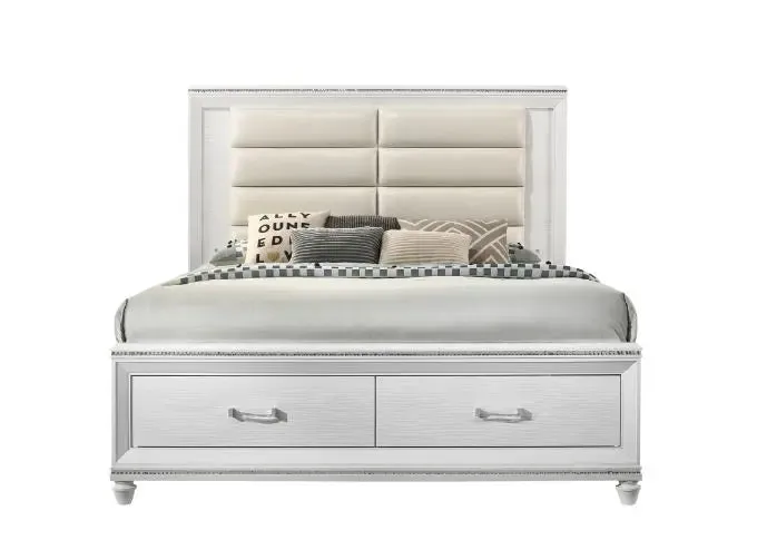 Ricardo Queen Bed w/Front Drawer, LED, Pearl White Faux Leather & White Finish