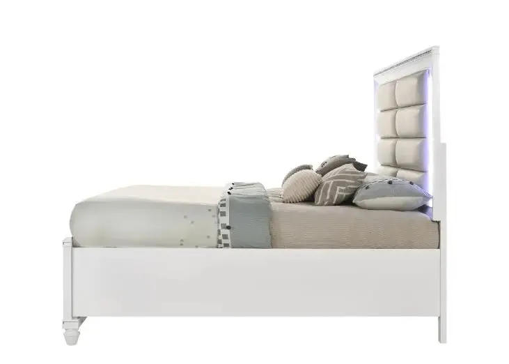 Ricardo Queen Bed w/Front Drawer, LED, Pearl White Faux Leather & White Finish
