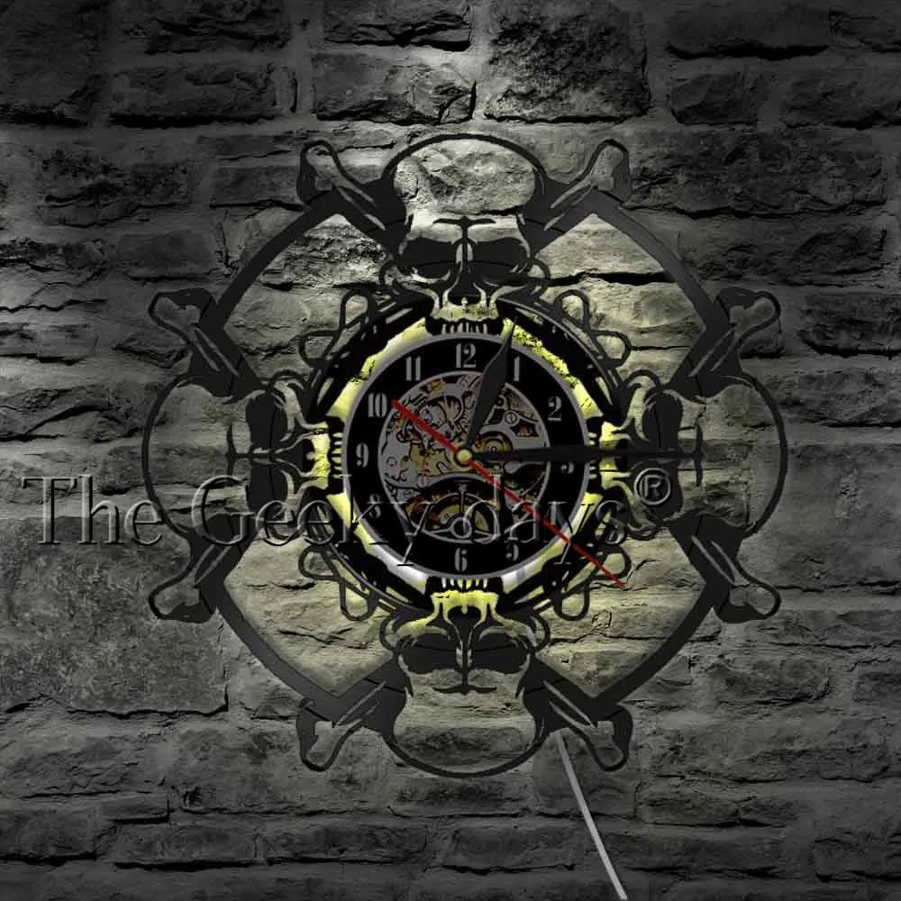 Skull Head Vinyl Record Wall Clock Aged Human Skull Wall Clock Skeleton Vampire Mens Halloween Decor Wall Hanging Clock Watch